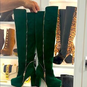 Gorgeous Green Platform Boots with Gold Zipper Accents